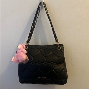 Betsey Johnson Black Quilted Heart Tote Bag with Gold Hardware
